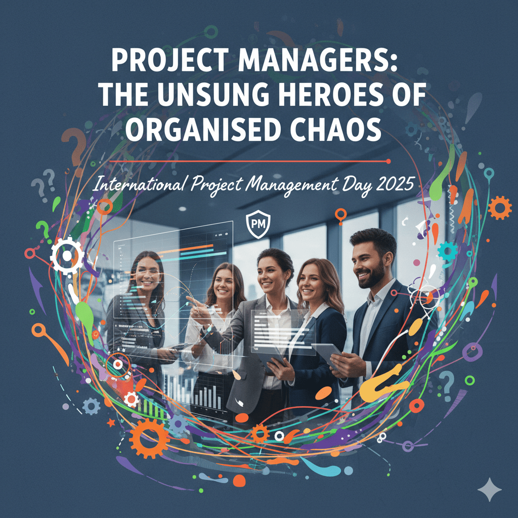 A diverse team of five smiling project managers, three women and two men, stand in a modern office looking at data visualizations with a colorful, swirling graphic representing "organized chaos" around them. The text "Project Managers: The Unsung Heroes of Organised Chaos | International Project Management Day 2025" is prominently displayed above.
