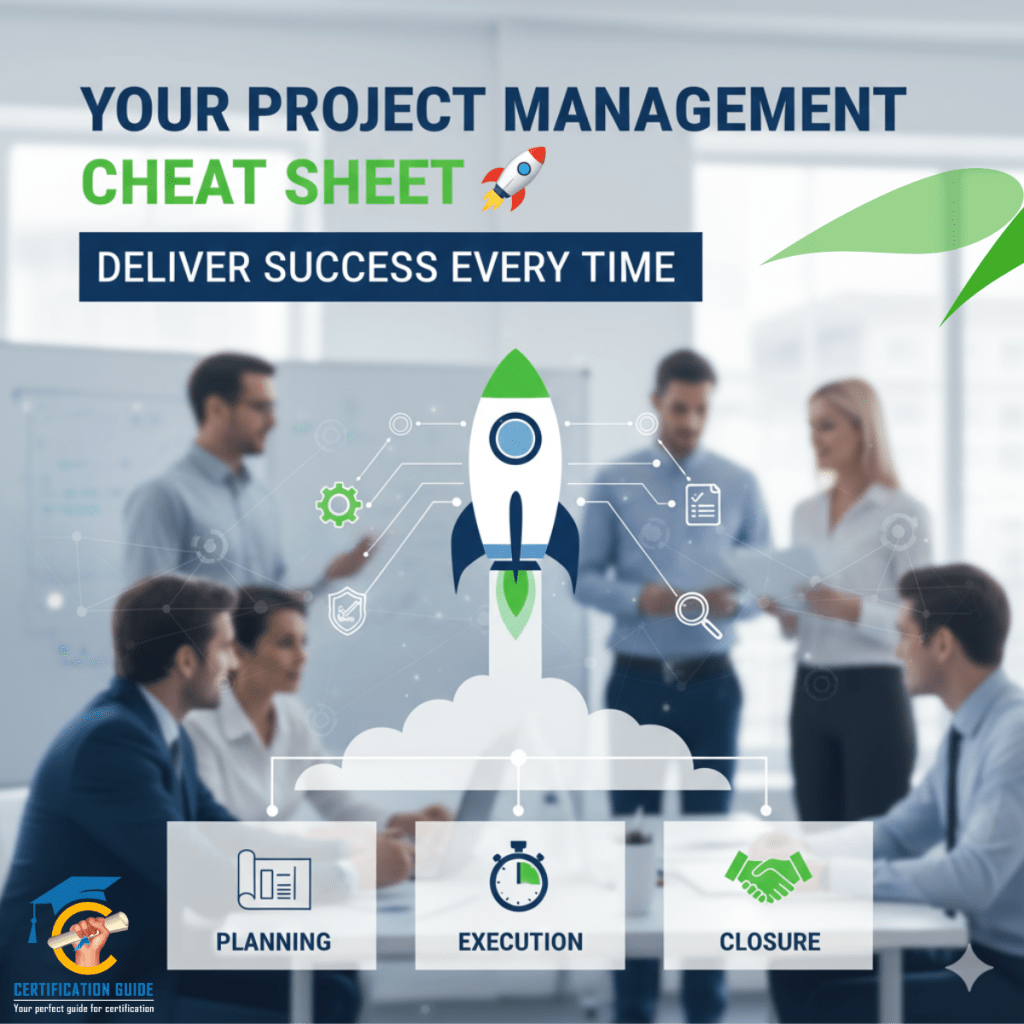 Hero image for a blog on Project Management Cheat Sheet with a rocket taking off, illustrating planning, execution, and closure phases