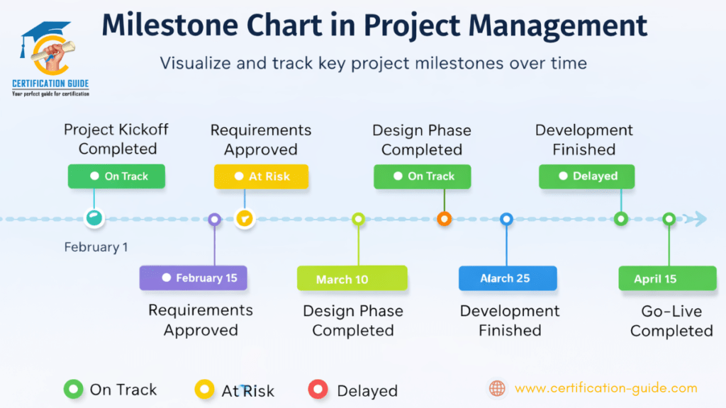 Milestone chart in project management showing key project milestones, status indicators, and timeline progress