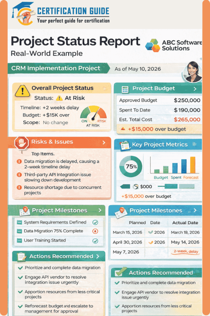 Project status report real-world example showing overall project status, risks and issues, project budget, key metrics, milestones, and recommended actions