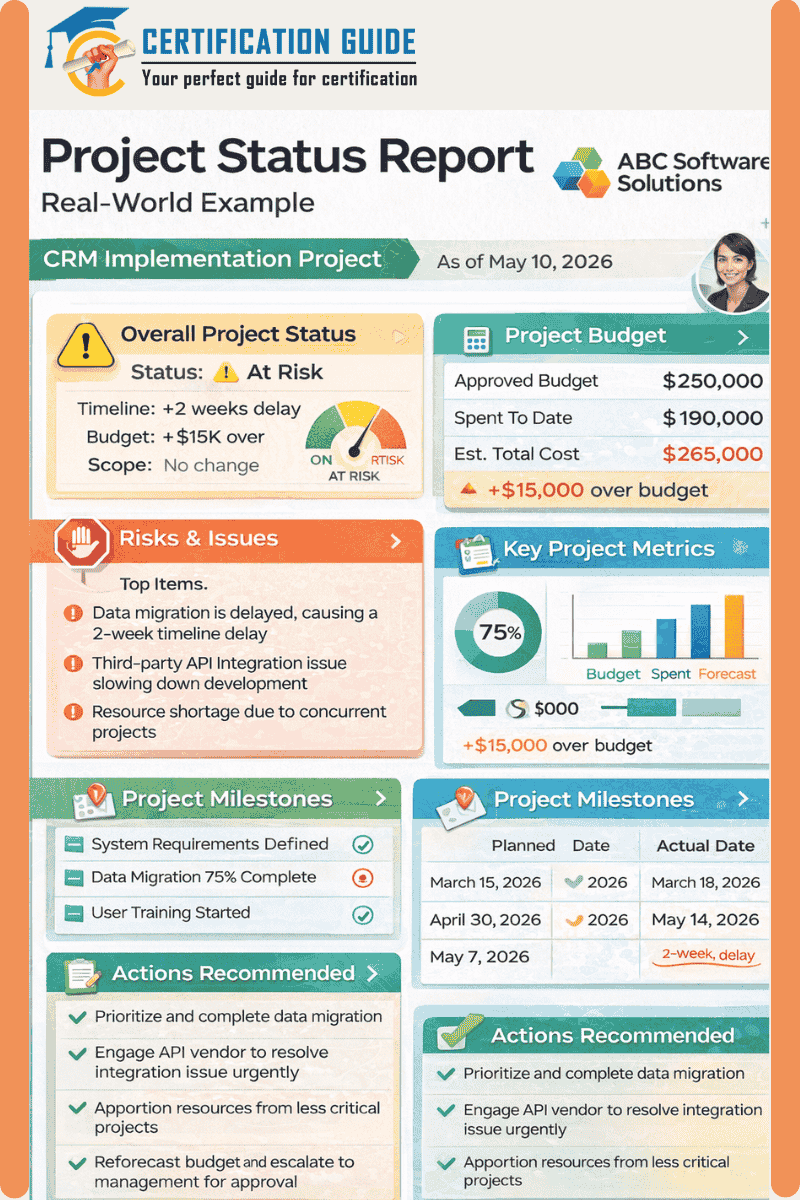 Project status report real-world example showing overall project status, risks and issues, project budget, key metrics, milestones, and recommended actions