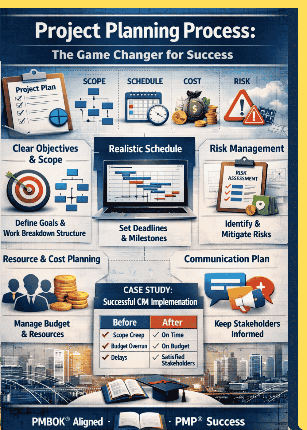 Project planning process with real-world PMP case study showing scope, schedule, cost, risk management, milestones, and stakeholder communication