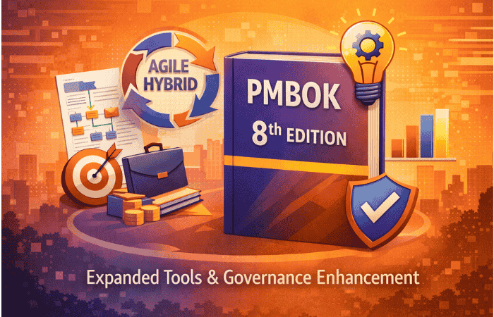 PMBOK Guide 8th Edition featuring expanded tools, governance framework, agile hybrid integration and updated project management practices