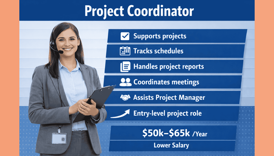 Project Coordinator roles and responsibilities infographic showing supports projects, tracks schedules, handles reports, coordinates meetings, and assists project manager