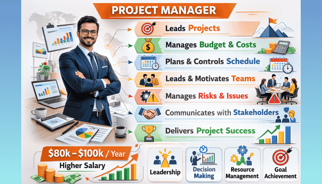 Project Manager roles and key responsibilities infographic including project planning, budget control, team leadership, risk management, and stakeholder communication